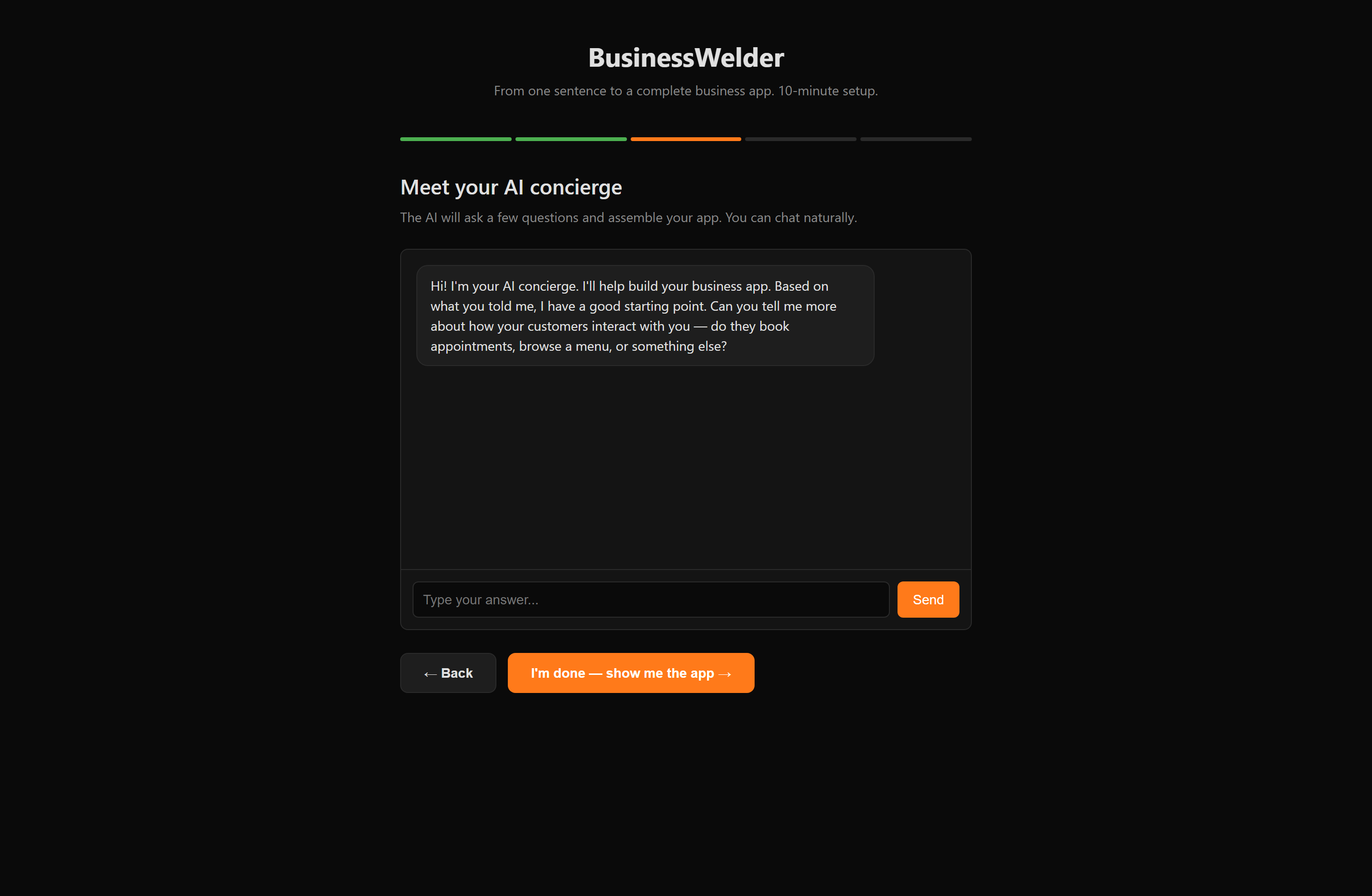 BusinessWelder onboarding chat — the AI concierge asking how customers interact with the business