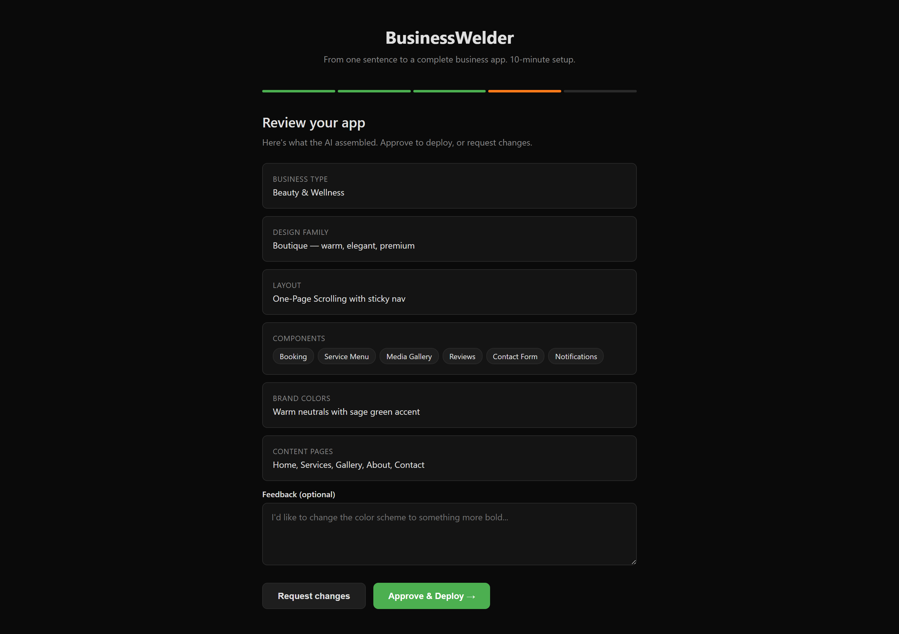 BusinessWelder assembly review — business type, design family, layout, and selected components ready for approval